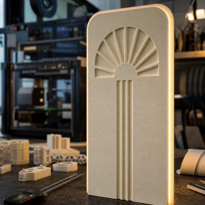 Firefly_gpt-image_Photorealistic photograph of a real 3D-printed architectural wall sconce prototype, d 3979
